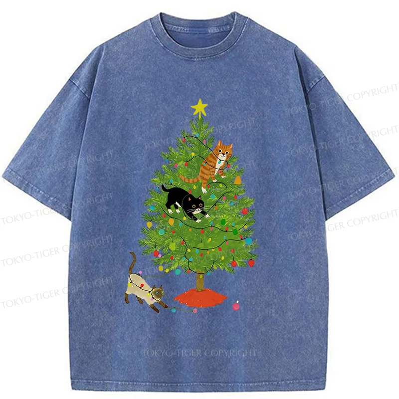 Tokyo-Tiger Cats Playing On The Christmas Tree Washed T-Shirt