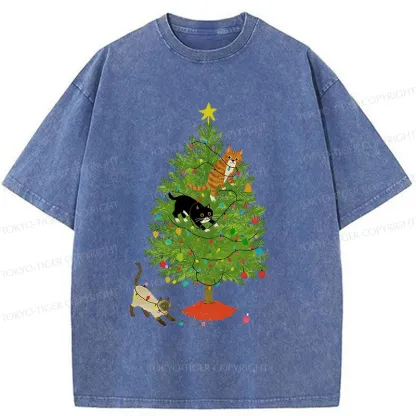 Tokyo-Tiger Cats Playing On The Christmas Tree Washed T-Shirt