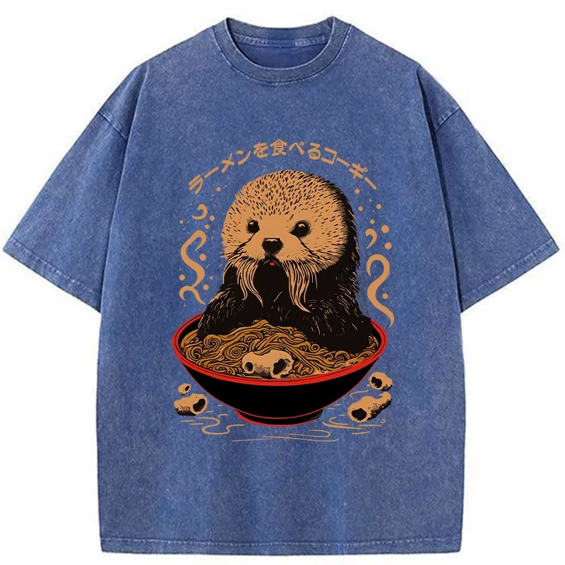 Tokyo-Tiger Otter Eating Ramen Washed T-Shirt