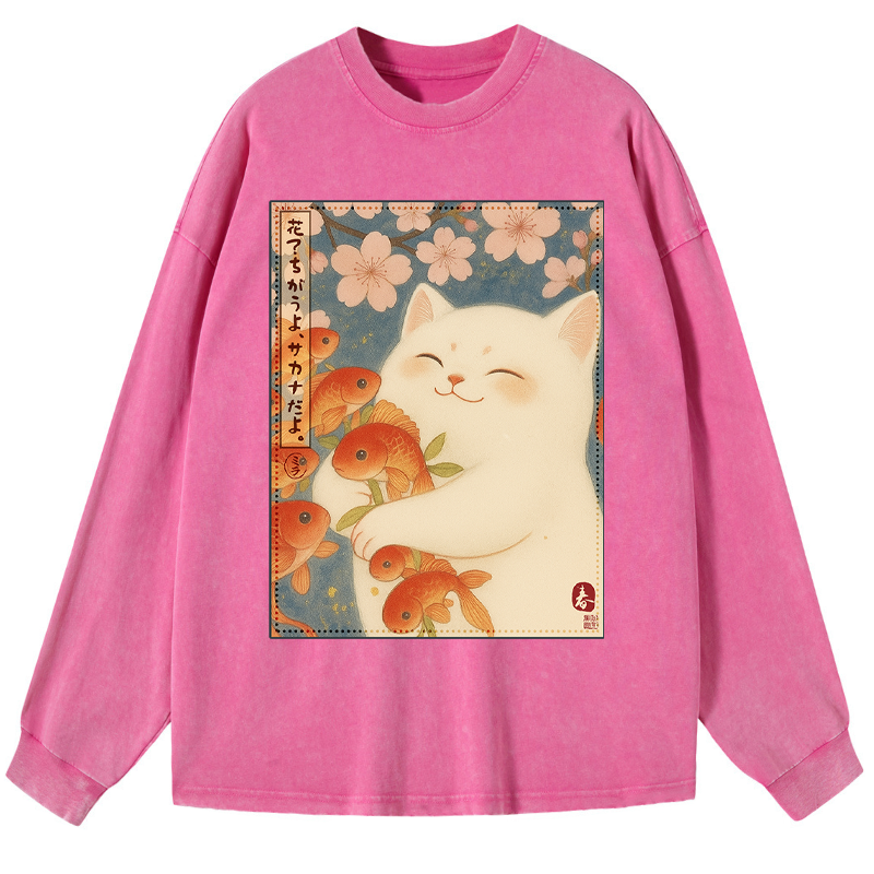 Tokyo-Tiger Funny Ukiyoe Cat and Fish Flower Washed Long Sleeve T-Shirt