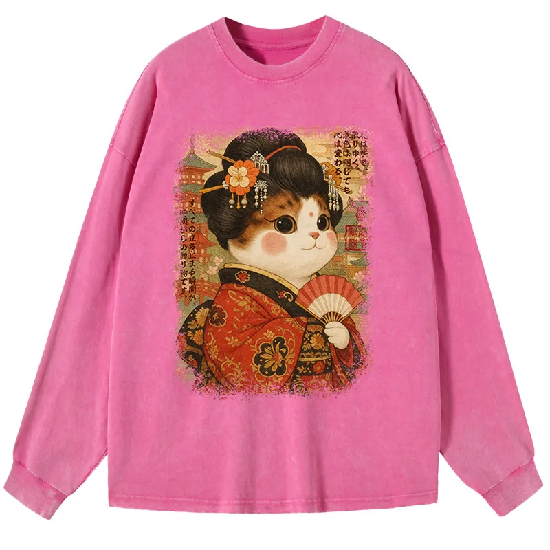 Tokyo-Tiger Ukiyoe Japanese Cat Princess Washed Long Sleeve T-Shirt