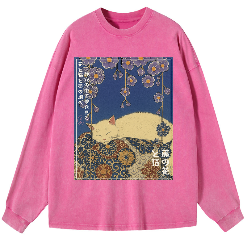 Tokyo-Tiger Ukiyoe Wisteria Flowers and Cats Washed Long Sleeve T-Shirt