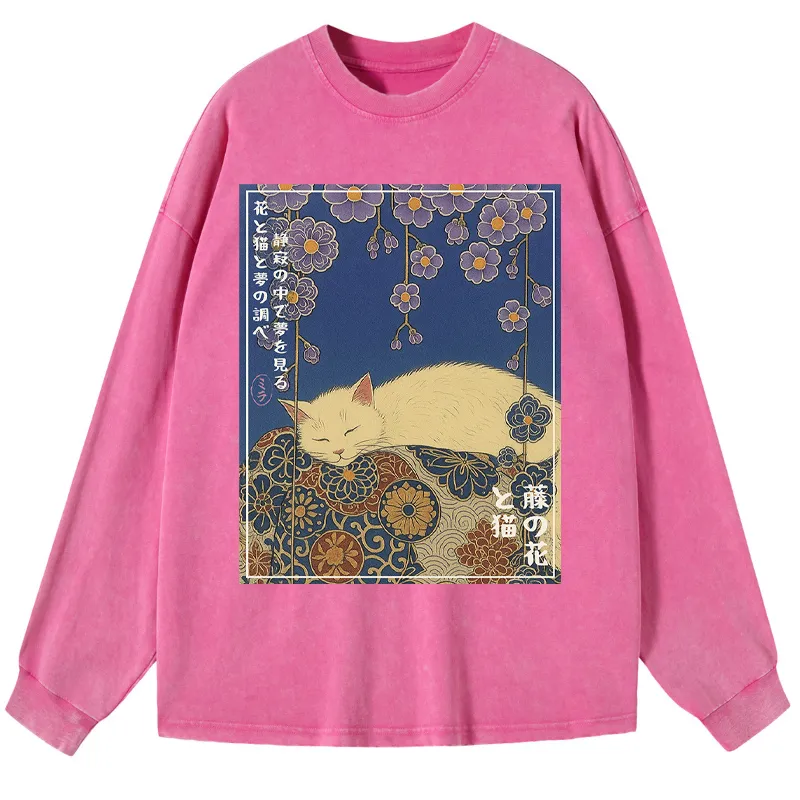 Tokyo-Tiger Ukiyoe Wisteria Flowers and Cats Washed Long Sleeve T-Shirt