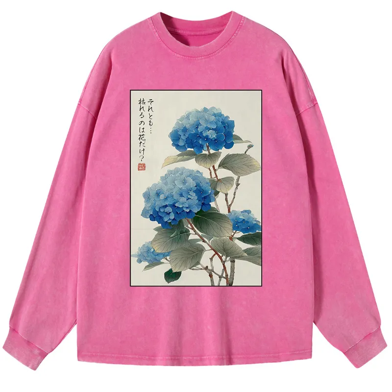 Tokyo-Tiger Ukiyoe Hydrangeas: A Reflection of the Soul Washed Long Sleeve T-Shirt
