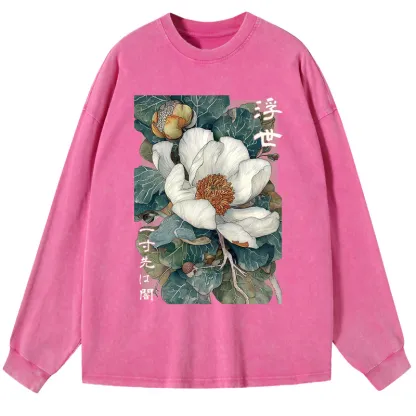 Tokyo-Tiger Ukiyoe Magnolia Flower Poster Washed Long Sleeve T-Shirt