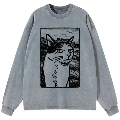 Tokyo-Tiger Cat's Hateful Eyes Washed Long Sleeve T-Shirt