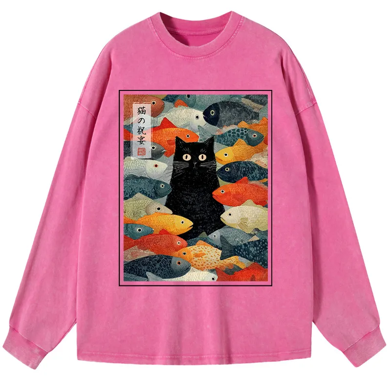 Tokyo-Tiger The Cat's Feast of Fish Washed Long Sleeve T-Shirt