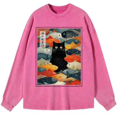 Tokyo-Tiger The Cat's Feast of Fish Washed Long Sleeve T-Shirt