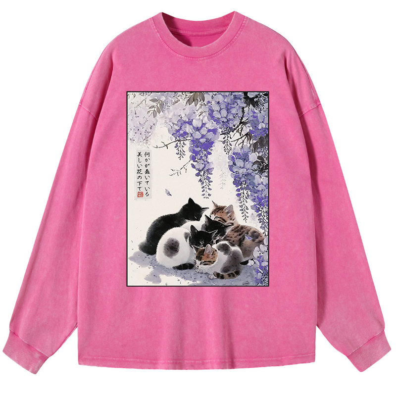 Tokyo-Tiger Cats plotting under the wisteria Washed Long Sleeve T-Shirt