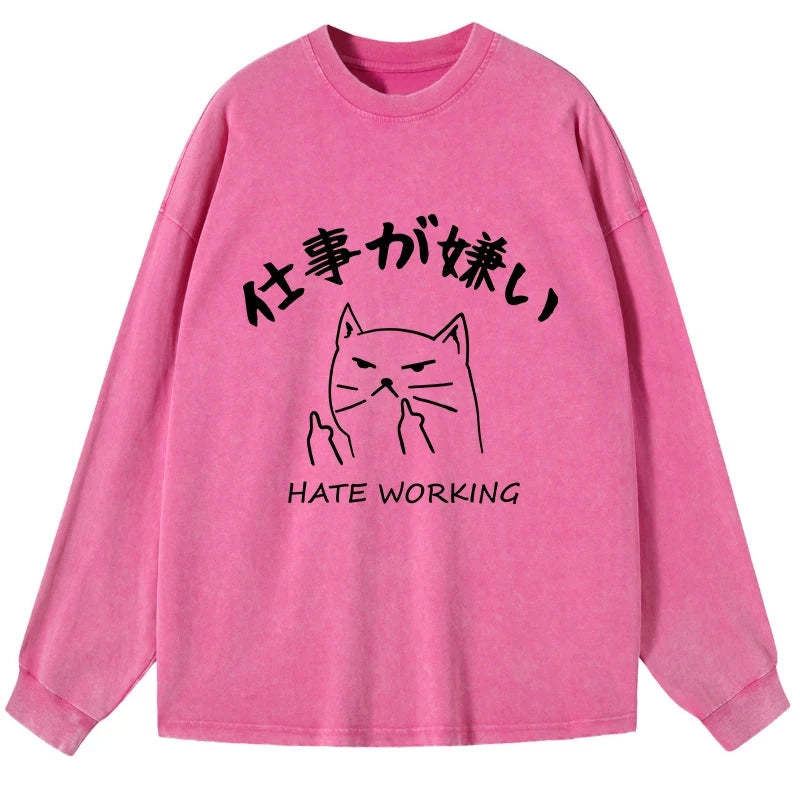 Tokyo-Tiger A Cat That Hates Work Washed Long Sleeve T-Shirt-tokyo-tiger