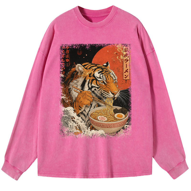 Tokyo-Tiger Ukiyoe Japan Tiger Eating Ramen Washed Long Sleeve T-Shirt