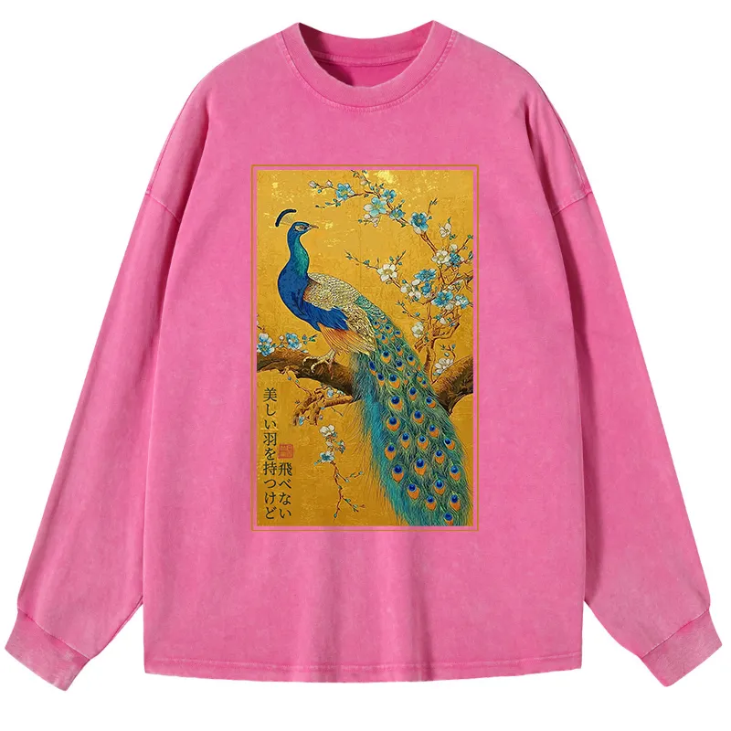 Tokyo-Tiger The Peacock's Silent Elegance Washed Long Sleeve T-Shirt