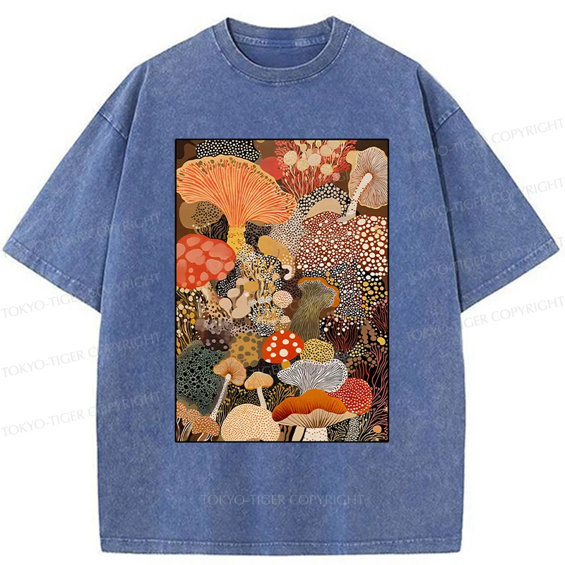 Tokyo-Tiger Psychedelic Mushroom Paintings Washed T-Shirt