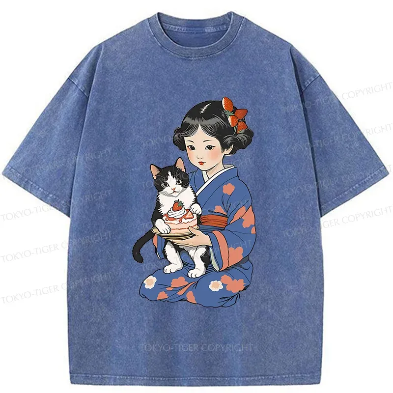 Tokyo-Tiger Japanese Child Holding A Cat Washed T-Shirt