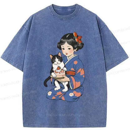 Tokyo-Tiger Japanese Child Holding A Cat Washed T-Shirt