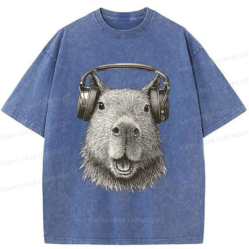 Tokyo-Tiger Capybara Listening To Music Washed T-Shirt