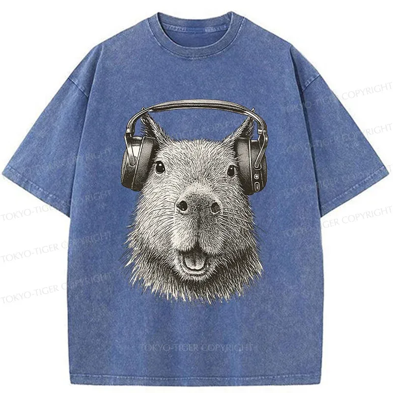 Tokyo-Tiger Capybara Listening To Music Washed T-Shirt