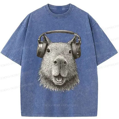 Tokyo-Tiger Capybara Listening To Music Washed T-Shirt