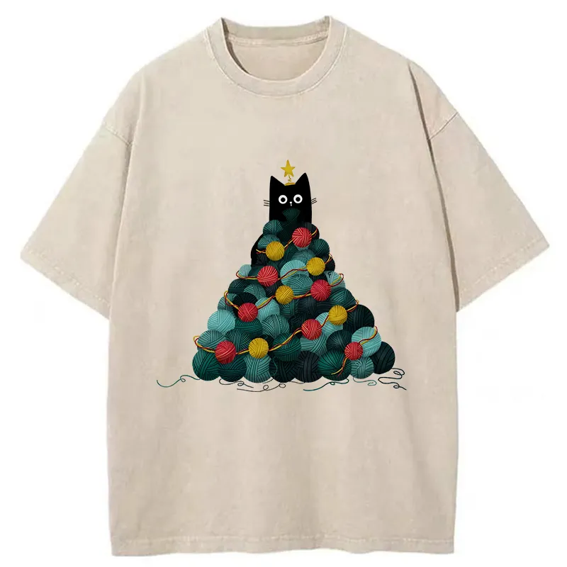 Tokyo-Tiger Yarn Christmas Tree Cat Washed T-Shirt