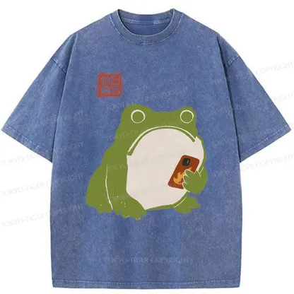 Tokyo-Tiger Frog Playing With Mobile Phone Washed T-Shirt