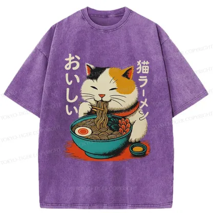 Tokyo-Tiger Cute Eat Eating Japanese Ramen Washed T-Shirt