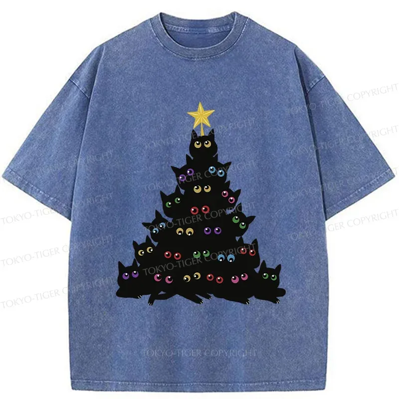 Tokyo-Tiger Cat Christmas Tree Washed T-Shirt