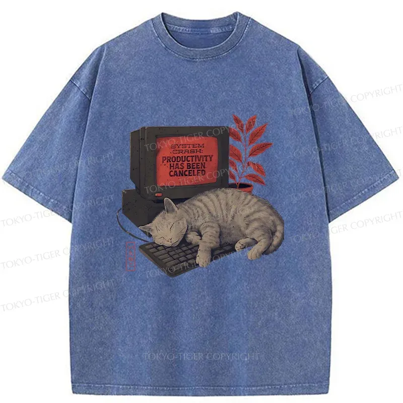 Tokyo-Tiger Cat Sleeping On Computer Washed T-Shirt