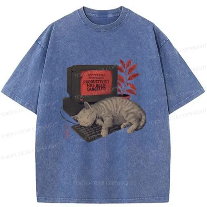 Tokyo-Tiger Cat Sleeping On Computer Washed T-Shirt
