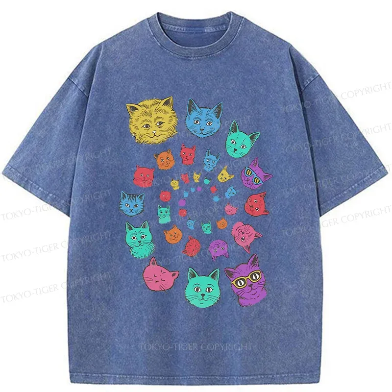 Tokyo-Tiger Psychedelic Spinning Cats Washed T-Shirt