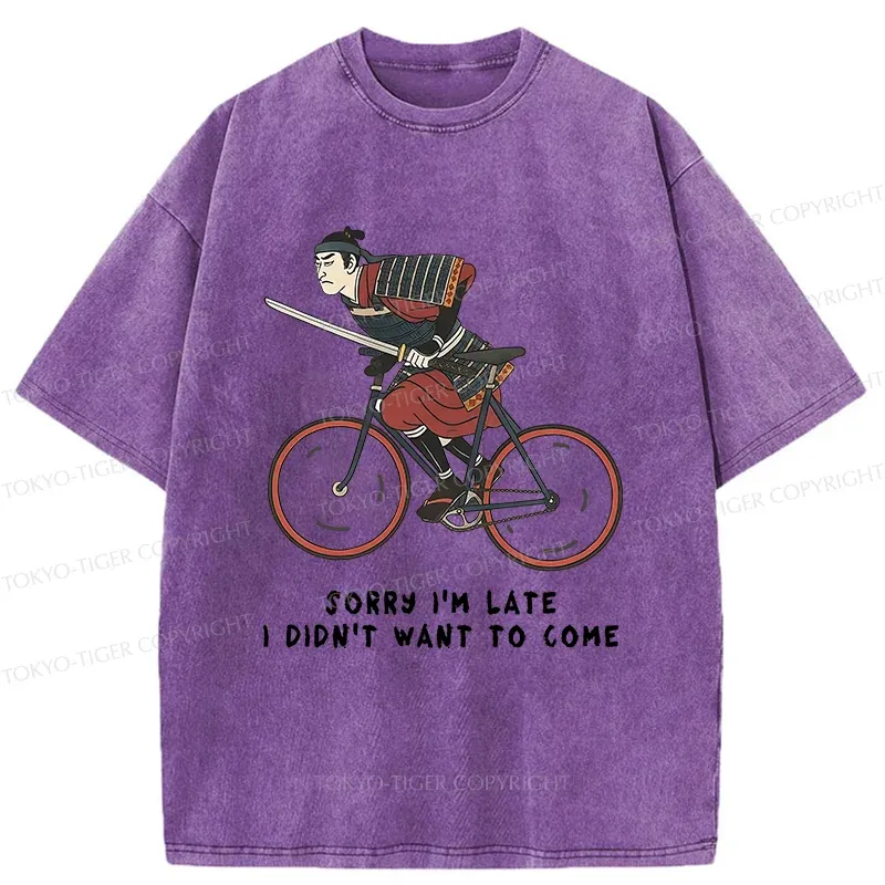 Tokyo-Tiger Samurai Riding A Bicycle Japanese Washed T-Shirt Sale