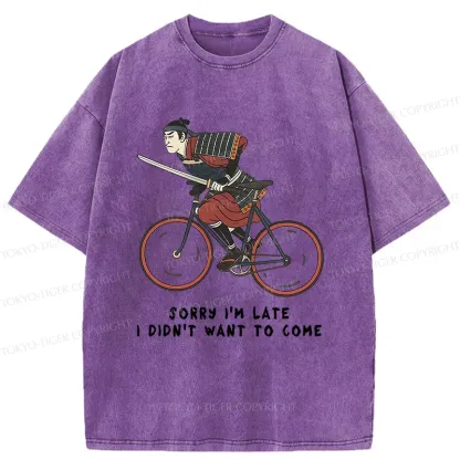 Tokyo-Tiger Samurai Riding A Bicycle Japanese Washed T-Shirt