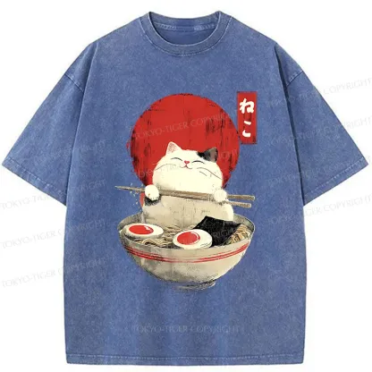 Tokyo-Tiger White Cat Ramen Washed T-Shirt