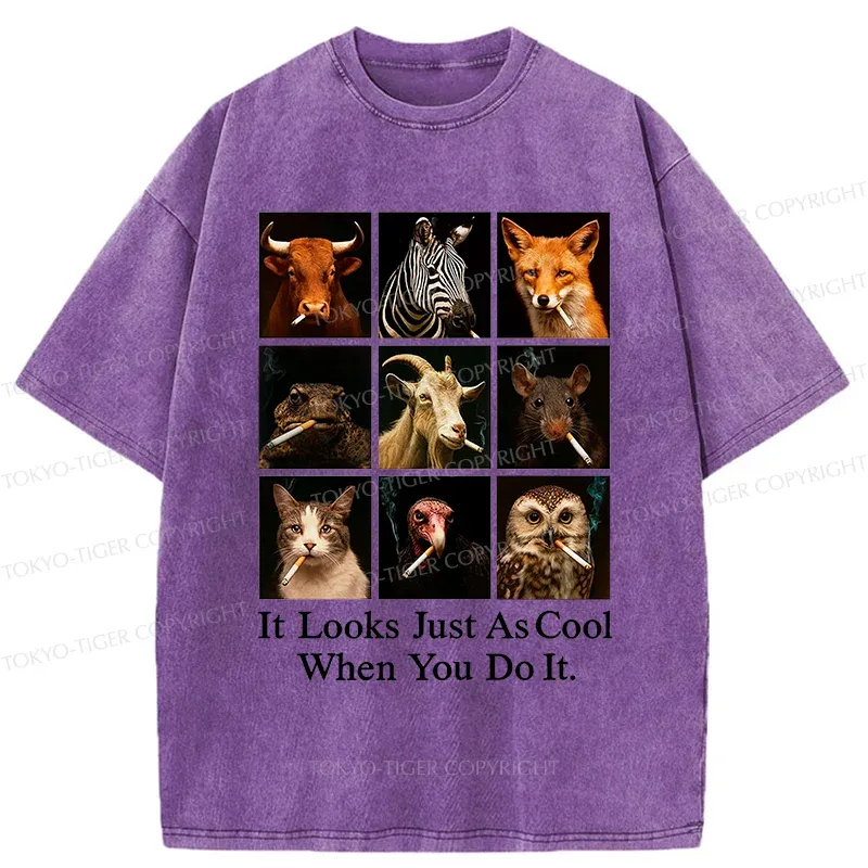 Tokyo-Tiger Various Animals Smoking Washed T-Shirt