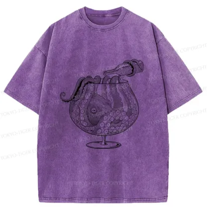 Tokyo-Tiger Octopus Drinking Wine Washed T-Shirt