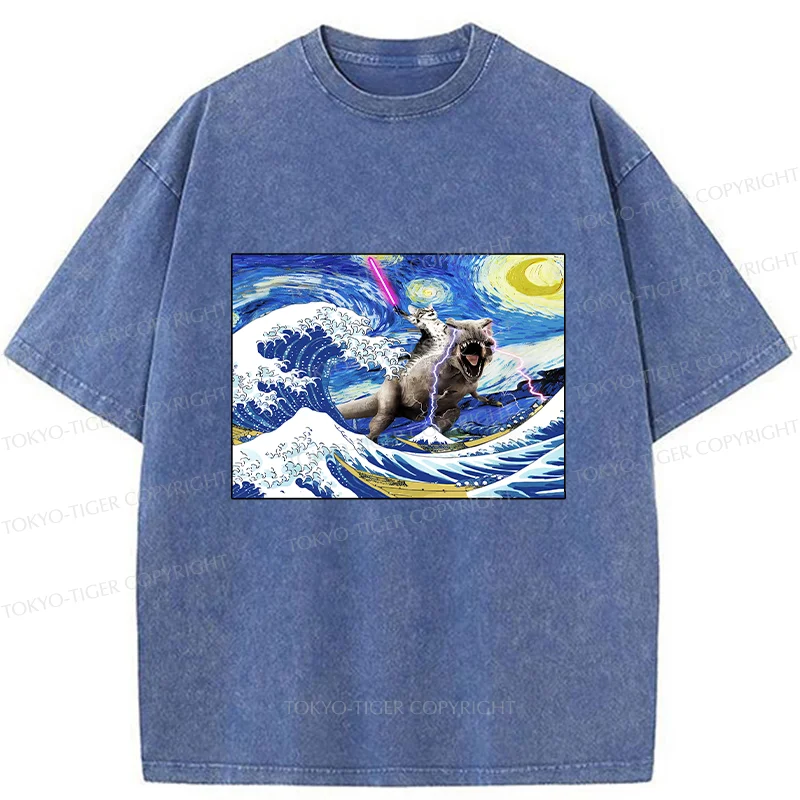 Tokyo-Tiger Cat Riding A Dinosaur In The Surf Washed T-Shirt