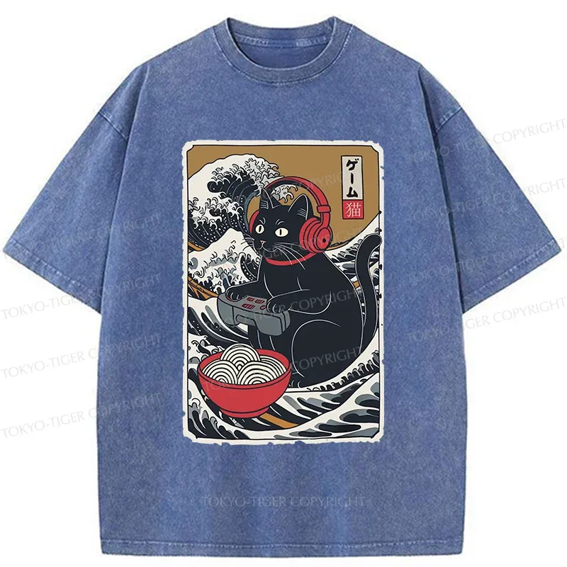 Tokyo-Tiger Cat Playing Video Games Washed T-Shirt Sale