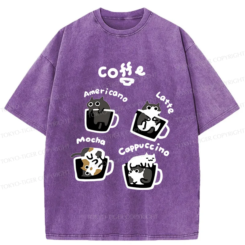 Tokyo-Tiger Four Types Of Coffee Cats Washed T-Shirt