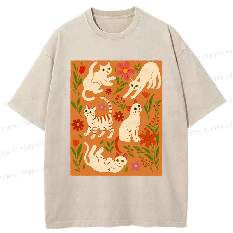 Tokyo-Tiger Cats And Flowers Washed T-Shirt