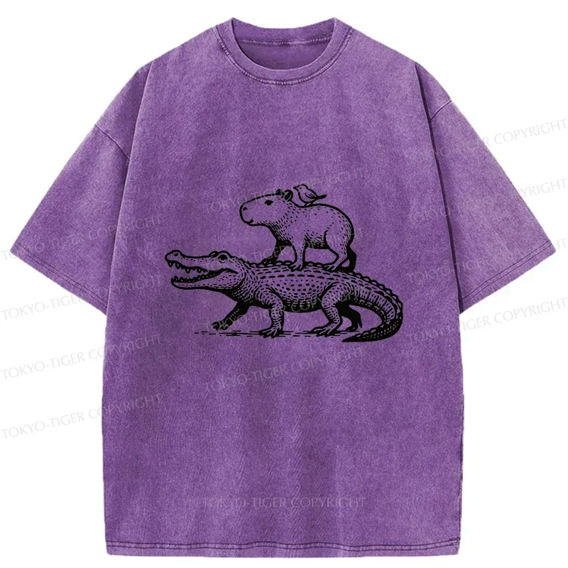 Tokyo-Tiger Capybaras Walking With Crocodile Washed T-Shirt