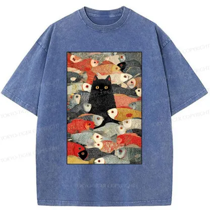 Tokyo-Tiger Cats And Fish Washed T-Shirt
