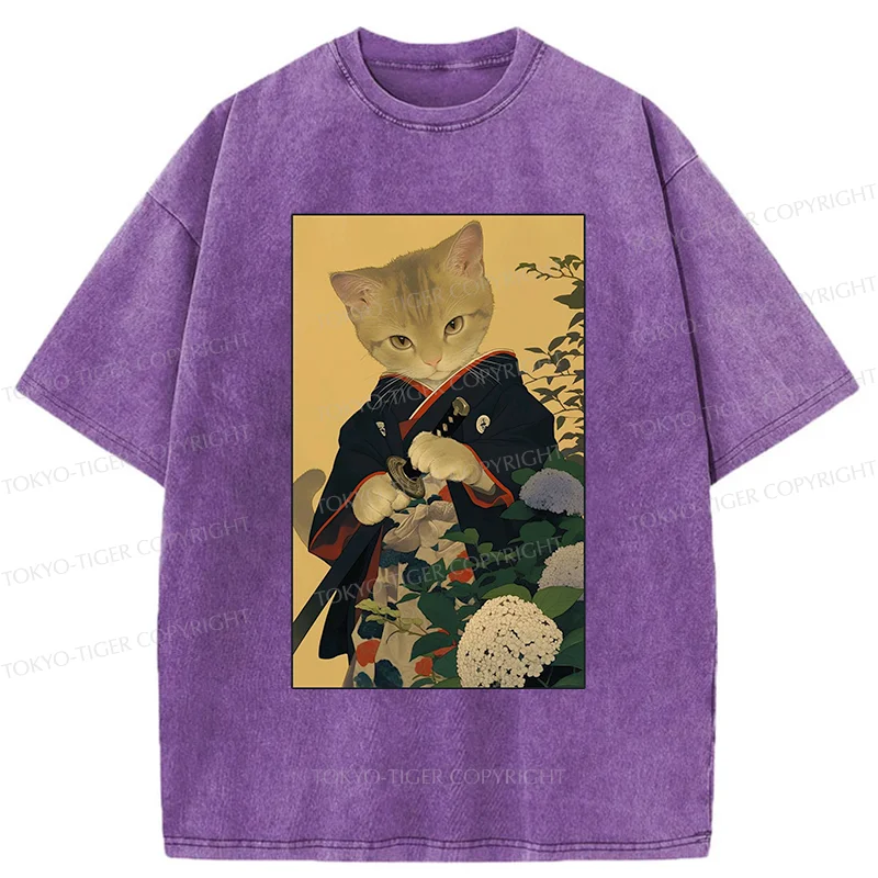 Tokyo-Tiger Kitten Japanese Samurai Washed T-Shirt
