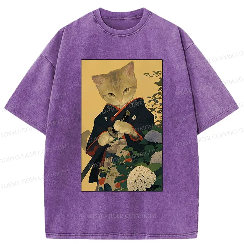 Tokyo-Tiger Kitten Japanese Samurai Washed T-Shirt