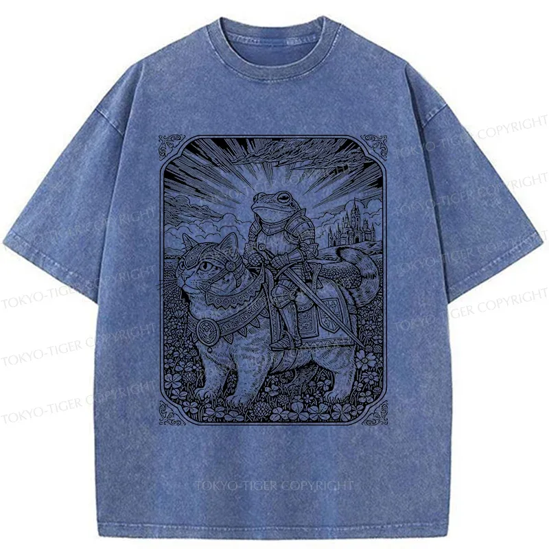 Tokyo-Tiger Frog Riding Cat Retro Washed T-Shirt