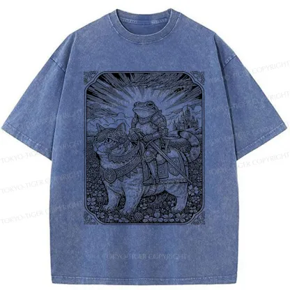Tokyo-Tiger Frog Riding Cat Retro Washed T-Shirt