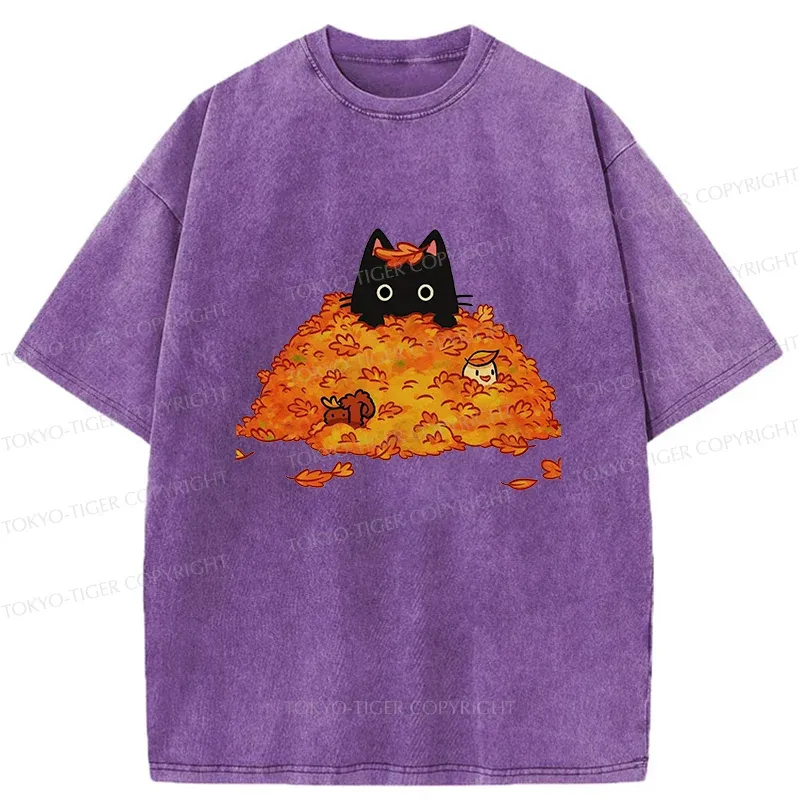 Tokyo-Tiger Black Cat In Autumn Leaves Washed T-Shirt