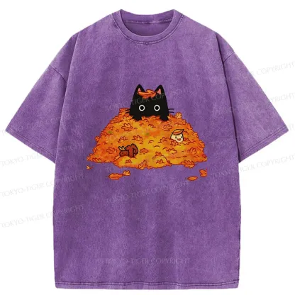 Tokyo-Tiger Black Cat In Autumn Leaves Washed T-Shirt