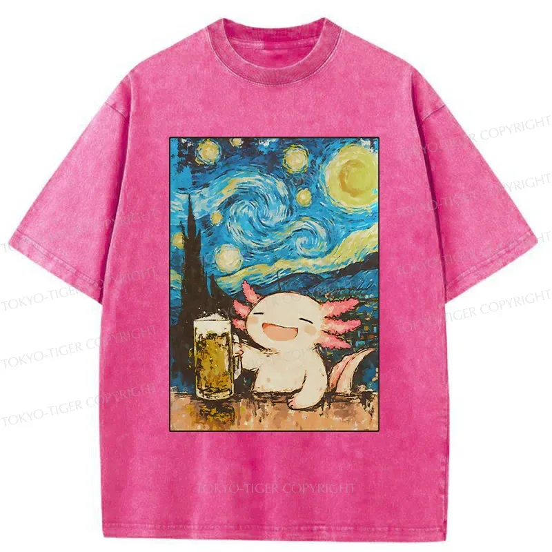 Tokyo-Tiger Axolotl Drinking Beer Washed T-Shirt