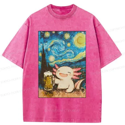 Tokyo-Tiger Axolotl Drinking Beer Washed T-Shirt