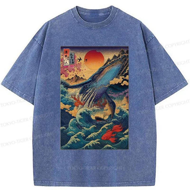 Tokyo-Tiger Ukiyoe Whale Japan Washed T-Shirt