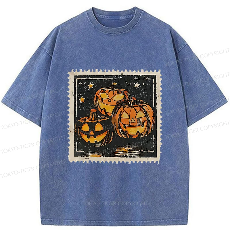 Tokyo-Tiger Halloween Pumpkin Stamps Washed T-Shirt